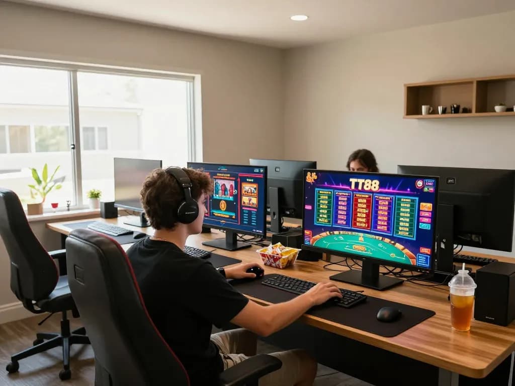 Player enjoying TT88 online slots in a stylish gaming setup with vibrant screen graphics.