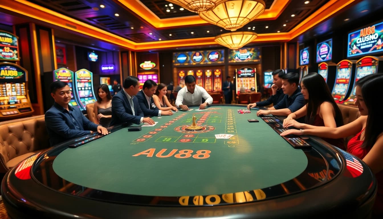 Players enjoying an exhilarating game at the AU88 casino table, showcasing excitement and luxury.