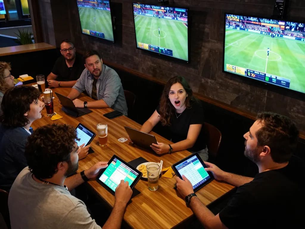Placing bets on kèo nhà cái at a lively sports bar with friends enjoying the excitement of live games