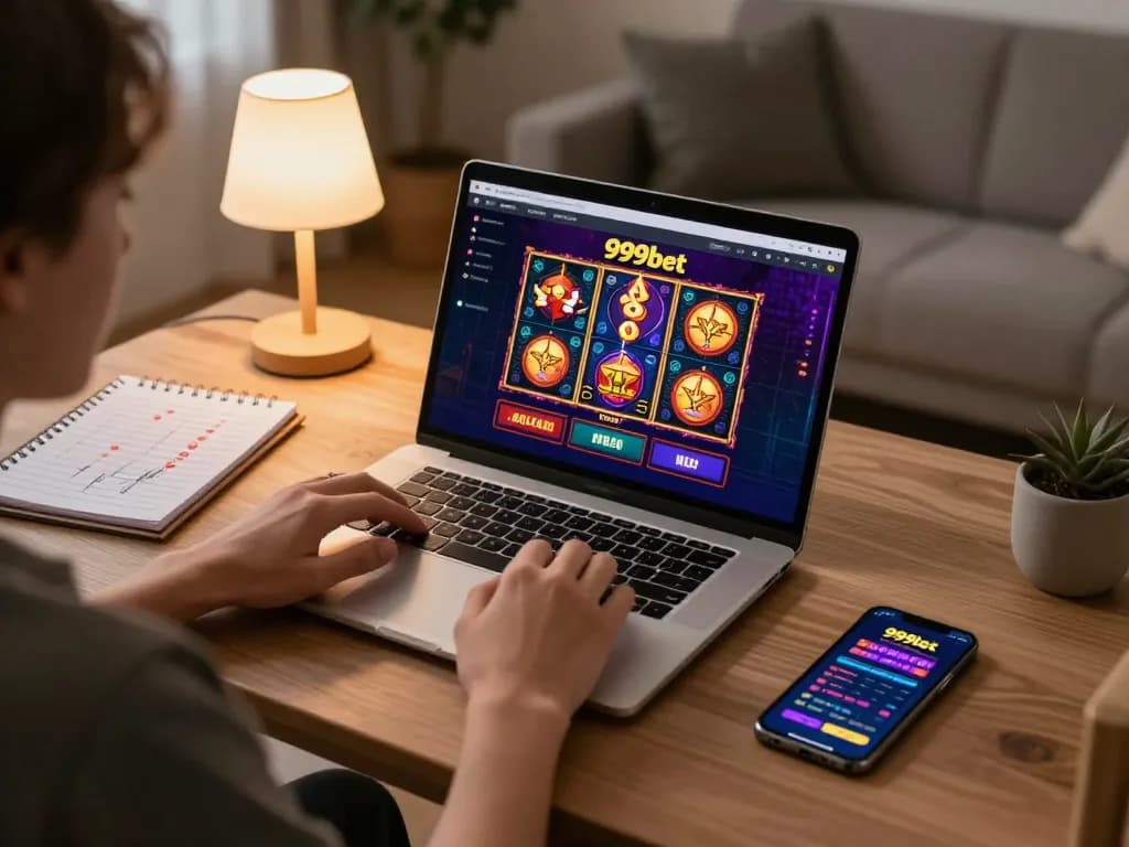Active user enjoying 999bet online gaming with vibrant slot games in a cozy home atmosphere.