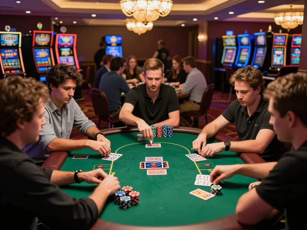 Players strategizing their bets at a KO66 poker table in a vibrant casino environment.
