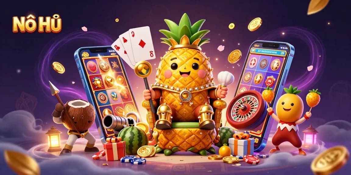 Nổ Hũ slot adventure with a golden pineapple king ruling a casino scene