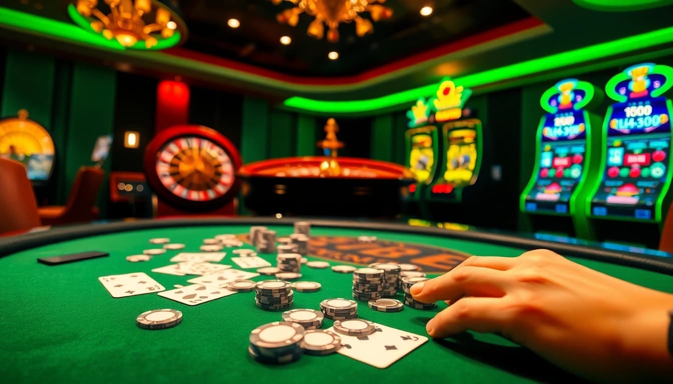 The excitement of online gambling at https://888vi.codes/ with a lively poker table and roulette wheel.