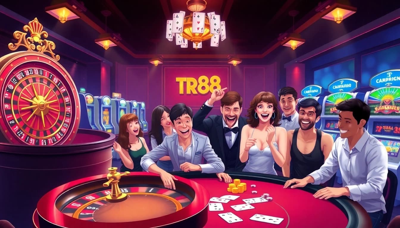 Experience excitement at https://tr88.autos/ with high-energy gambling visuals featuring a roulette wheel and poker.