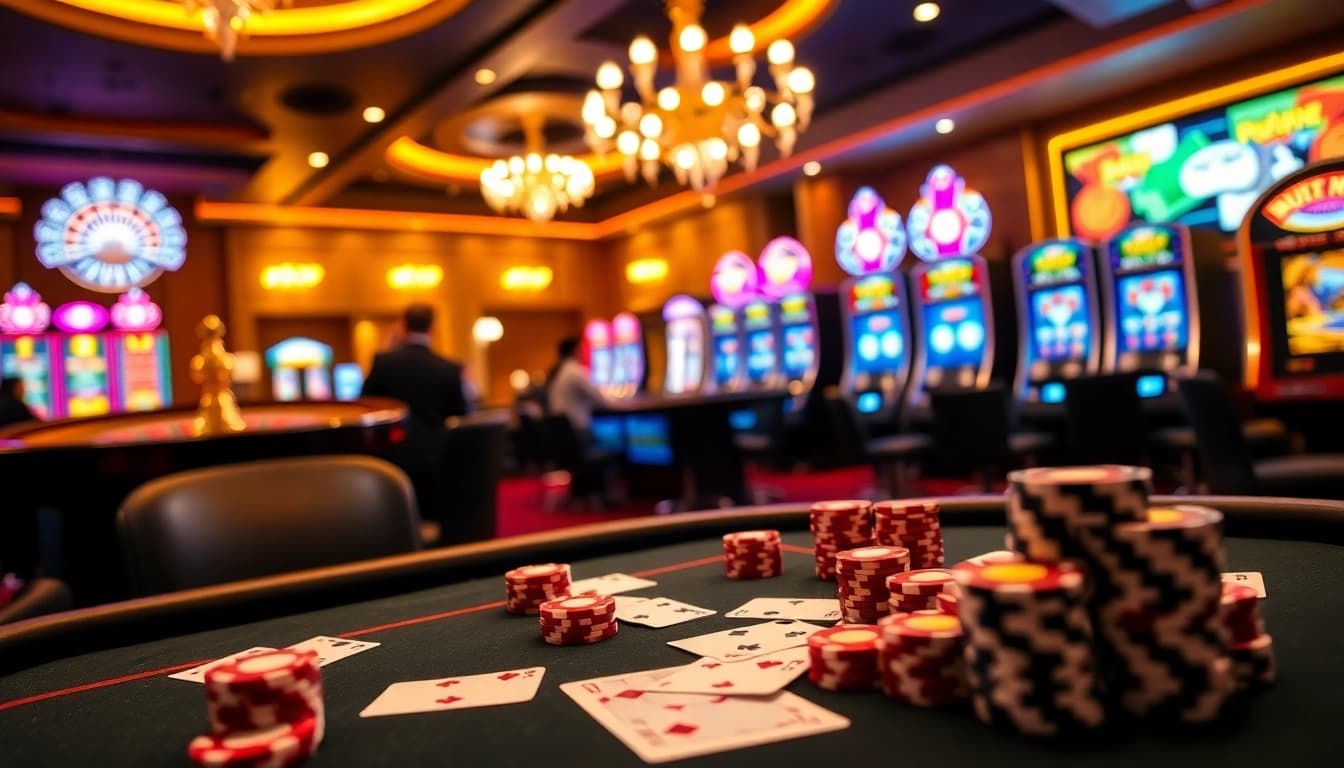 Experience high-stakes gaming with bet88 at a luxurious poker table amidst vibrant slot machines.