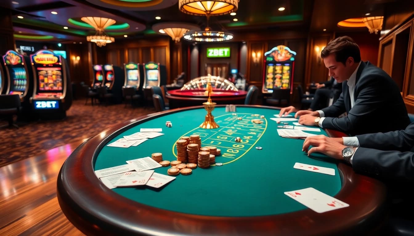 Action-packed poker game featuring ZBET chips and cards in a luxurious casino setting.