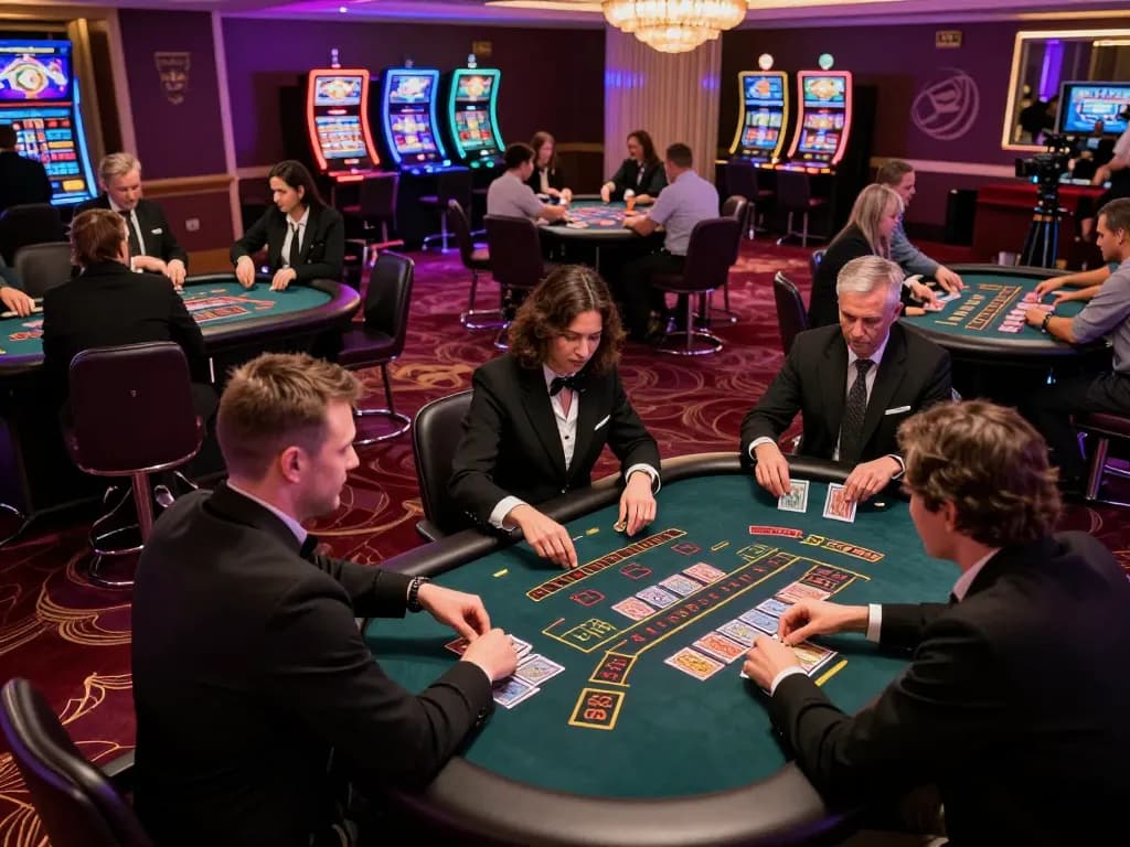 Players engaging in intense blackjack at https://888vnd.bid/ casino floor with vibrant lights and elegant decor