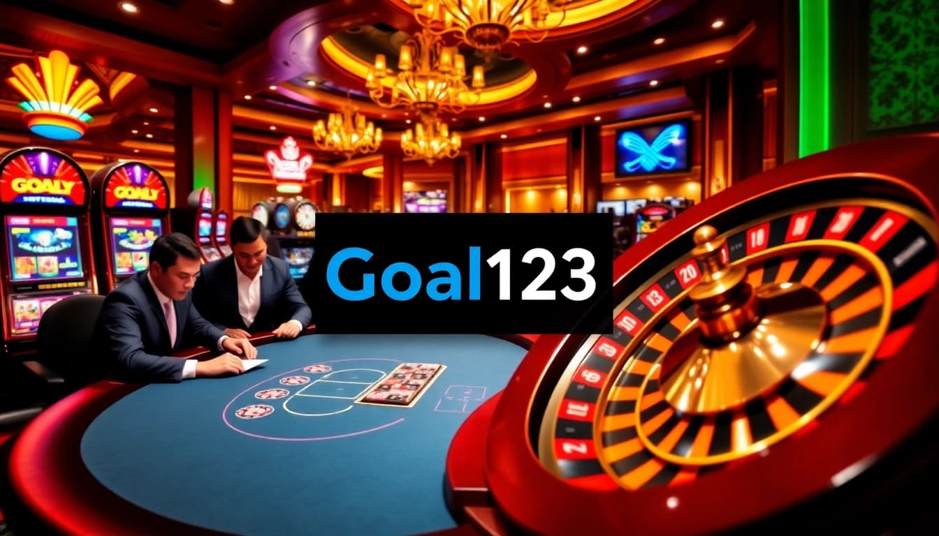 Goal123 casino scene showcasing poker experts and vibrant slot machines in an exciting gambling atmosphere.