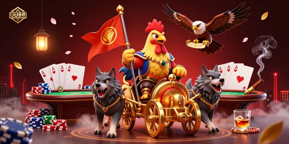 Engage with UU88’s dynamic casino scene featuring a rooster warlord and poker elements.