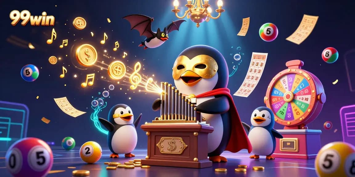Engage with 99win as the penguin creates a captivating lottery scene shooting golden coins.
