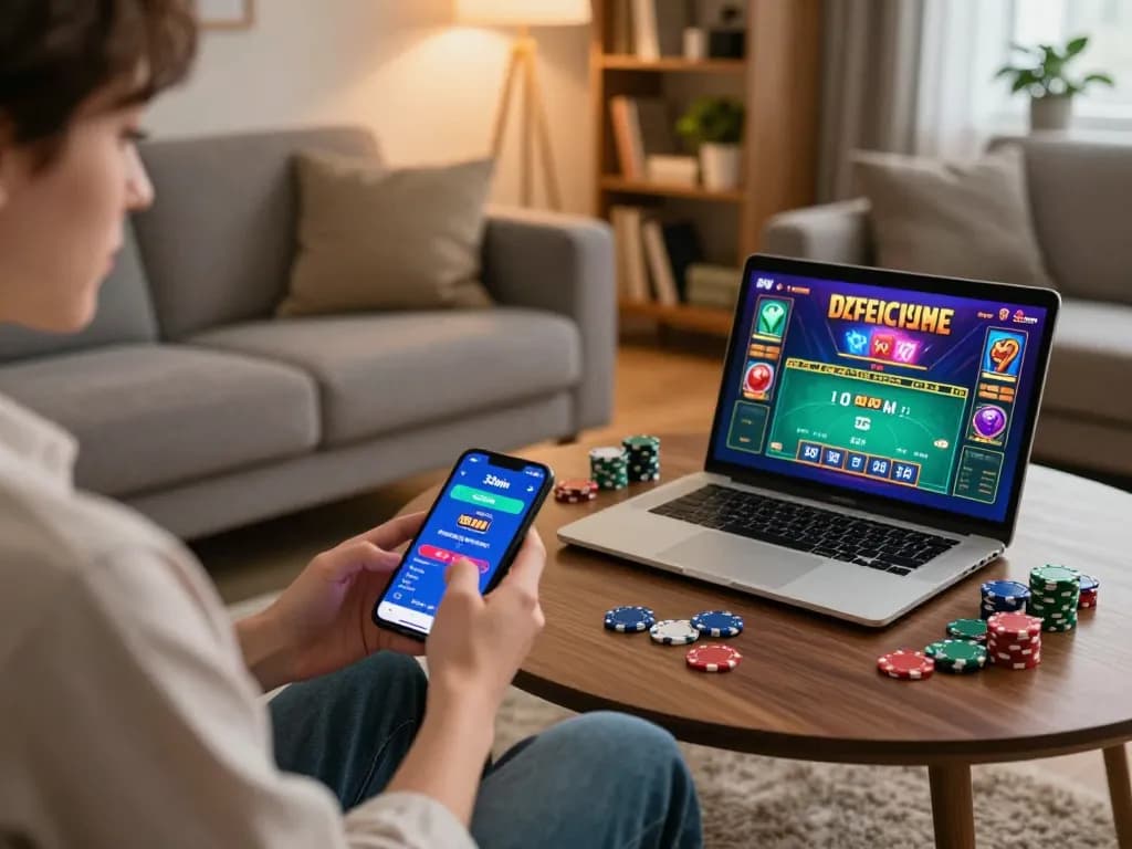 Engaging mobile gameplay with 33win app in a cozy home setting featuring warm lighting and strategic betting.