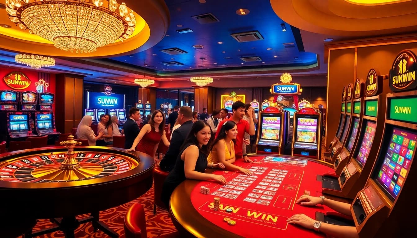 SUNWIN casino excitement with vibrant roulette and engaging players in a luxurious scene