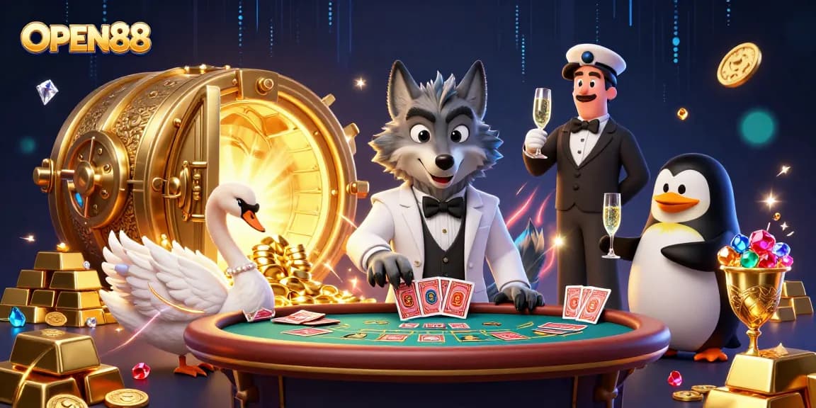 Experience the thrill of OPEN88 with a captivating illustration featuring a debonair wolf at the baccarat table.