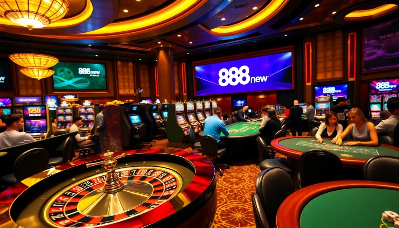 Gambling excitement at 888new with roulette, slots, and poker tables in a vibrant casino setting.