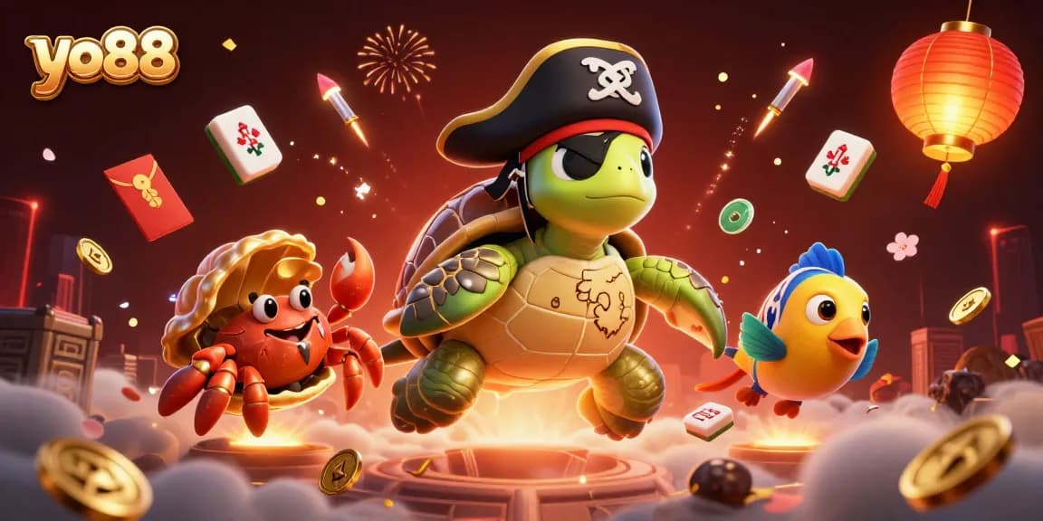 Win big at yo88 with a vibrant 3D casino scene featuring a colorful pirate turtle and dynamic gaming elements.