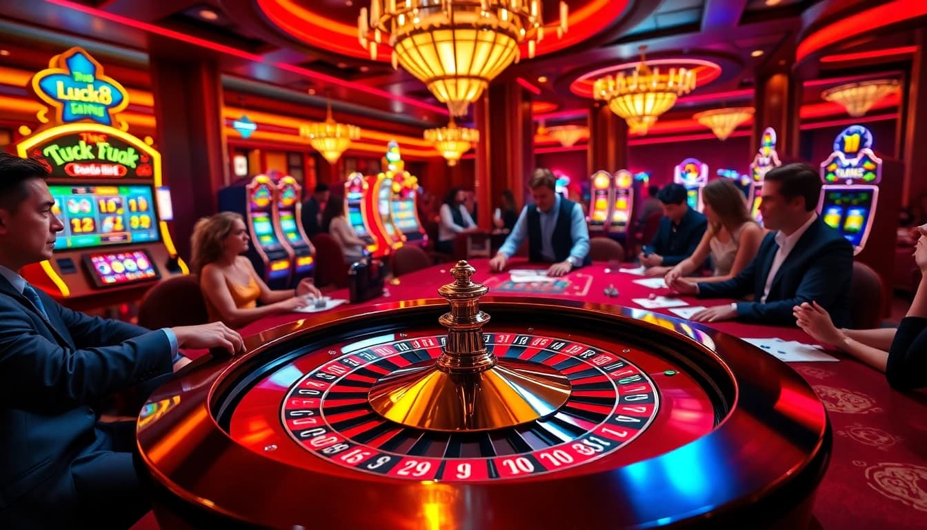 Experience the thrill of Luck8 as players engage in high-stakes roulette and poker at the casino.