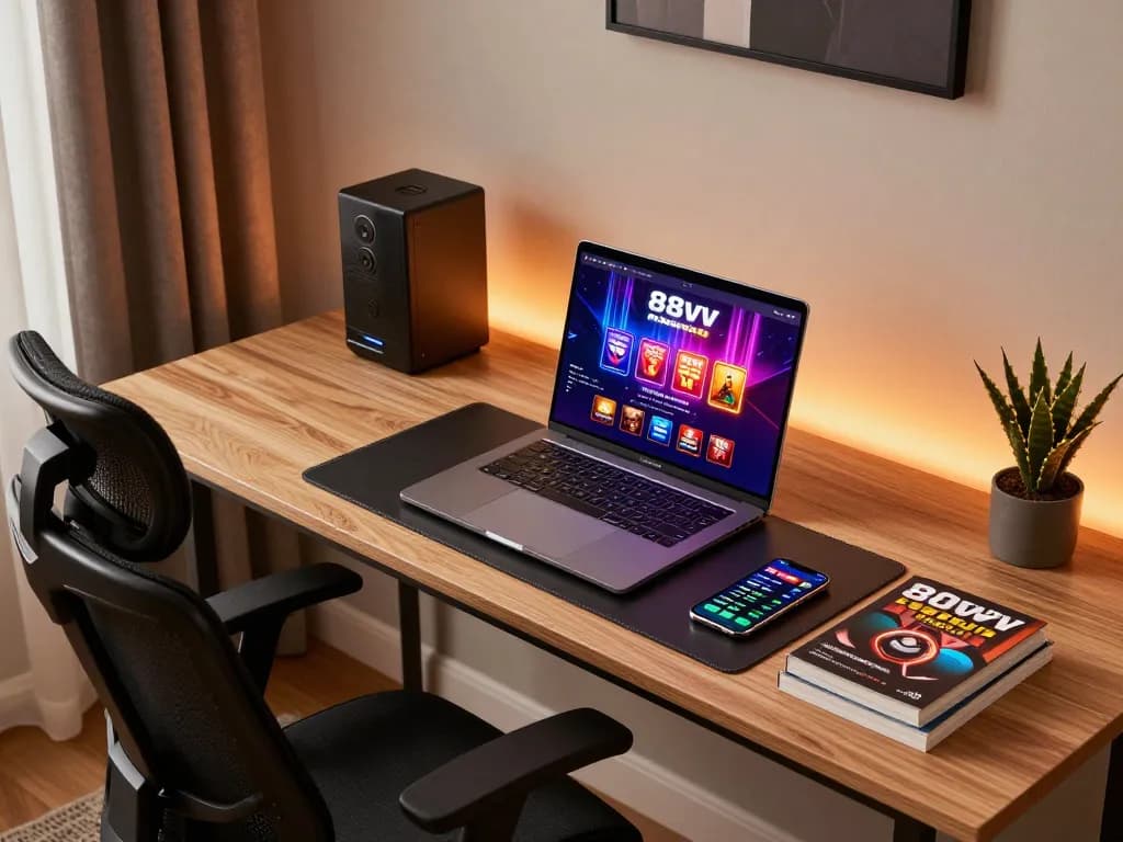 Experience thrilling online gaming with 88vv in a cozy home setup featuring engaging casino visuals.