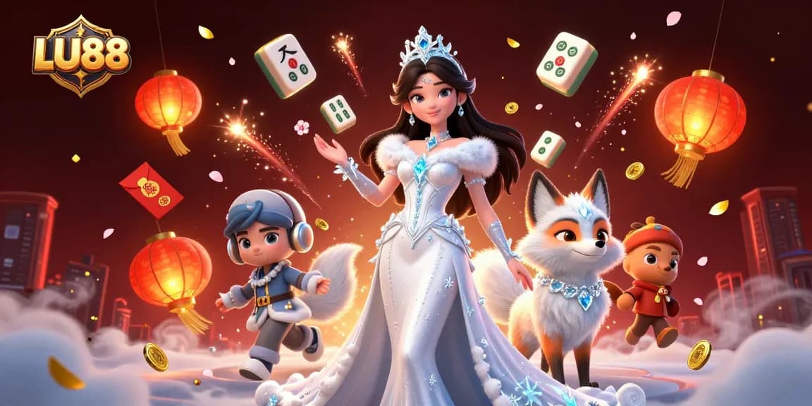 LU88 captivating gaming scene with a glamorous ice queen, arctic fox, and floating casino elements.