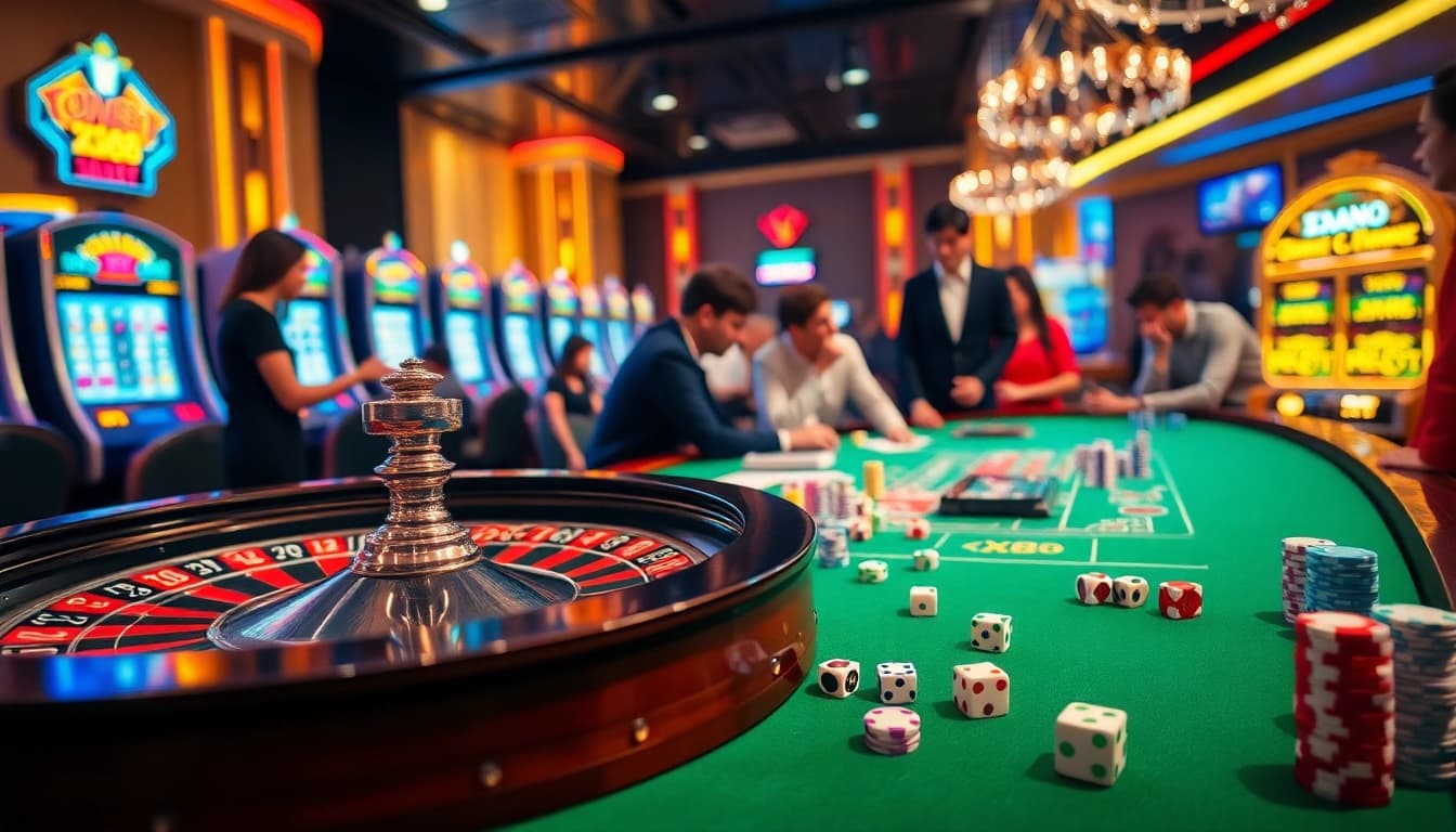 Experience the thrill of gambling at XX88 with a vibrant casino scene featuring roulette, dice, and poker chips.