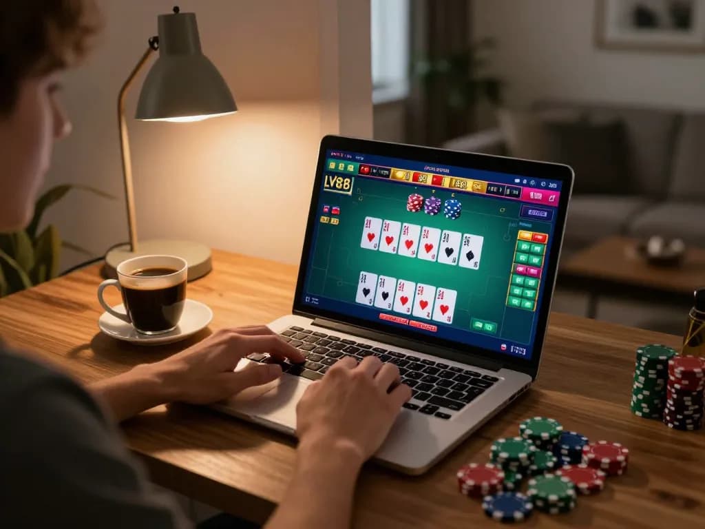 Engaging user playing LV88 online poker game on a laptop, showcasing dynamic gameplay environment.