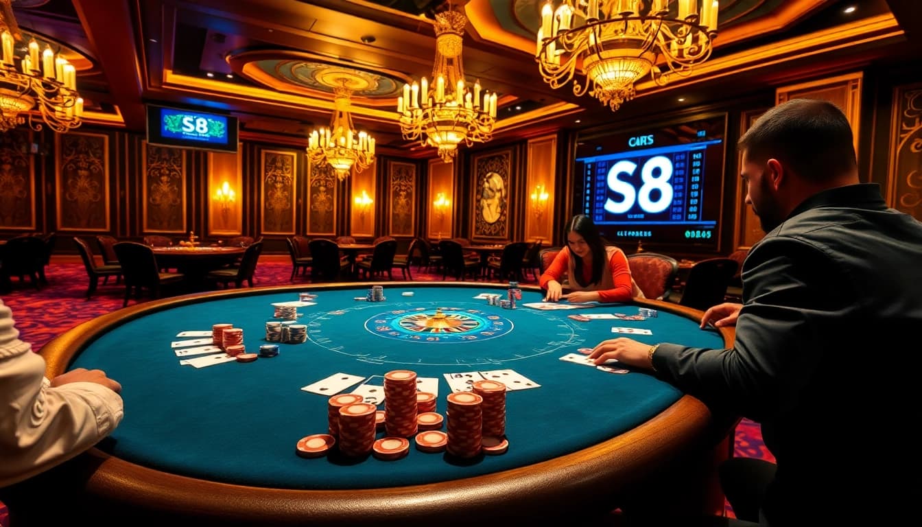 Players enjoying a strategic poker game at a luxury casino featuring S8 digital odds and colorful poker chips.