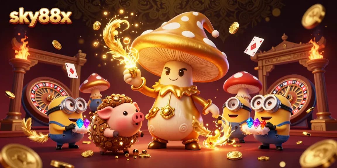 Engage with sky88x's vibrant casino action featuring a golden mushroom wizard and treasure-sniffing pig.