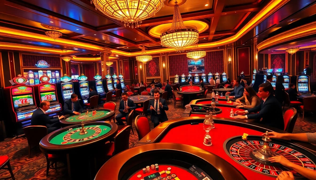 P3 players enjoying an upscale casino atmosphere with vibrant gaming tables and slot machines.