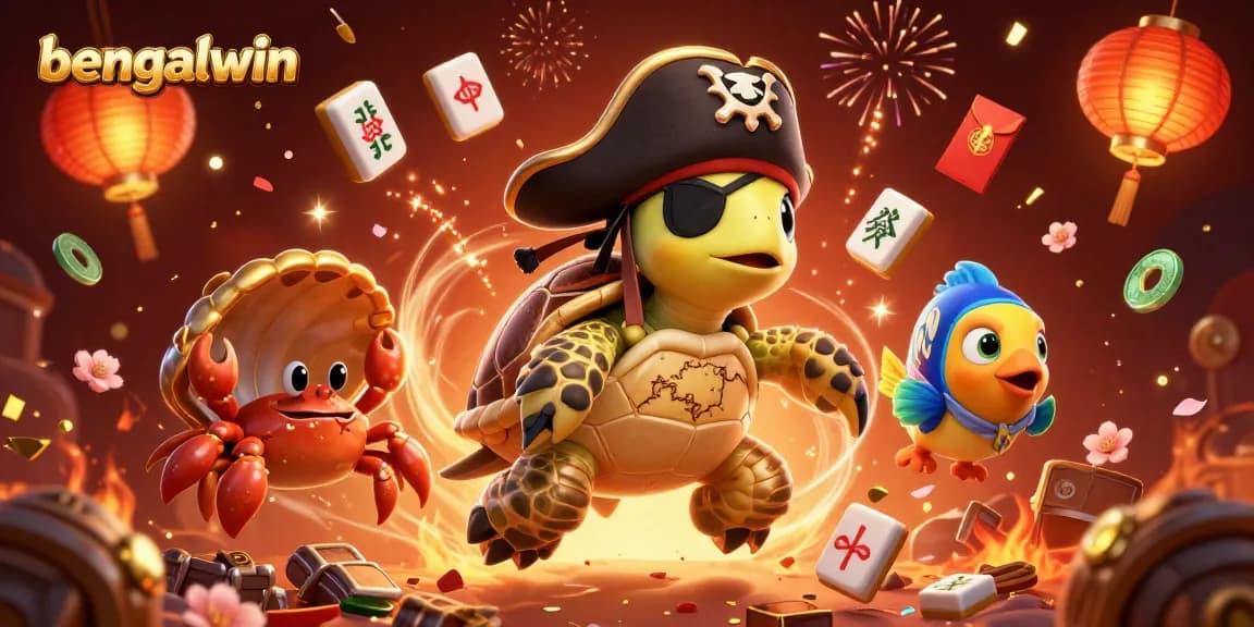 Bengalwin players celebrating with pirate turtle, crab, and parrotfish in a vibrant casino scene.
