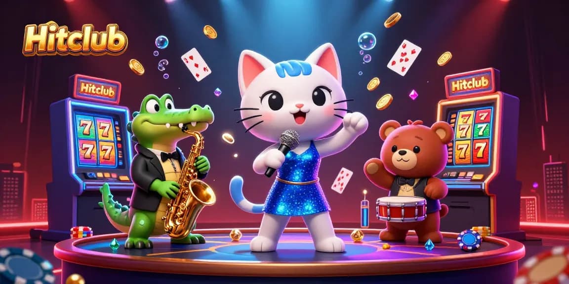 Hitclub showcases an engaging 3D casino scene with animated characters, vibrant gaming elements, and dynamic effects.