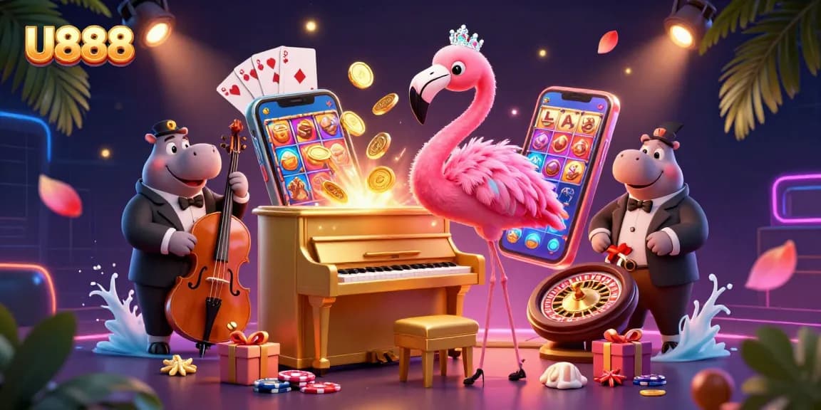 Experience the vibrant world of U888 with casino-themed characters and exciting game elements.