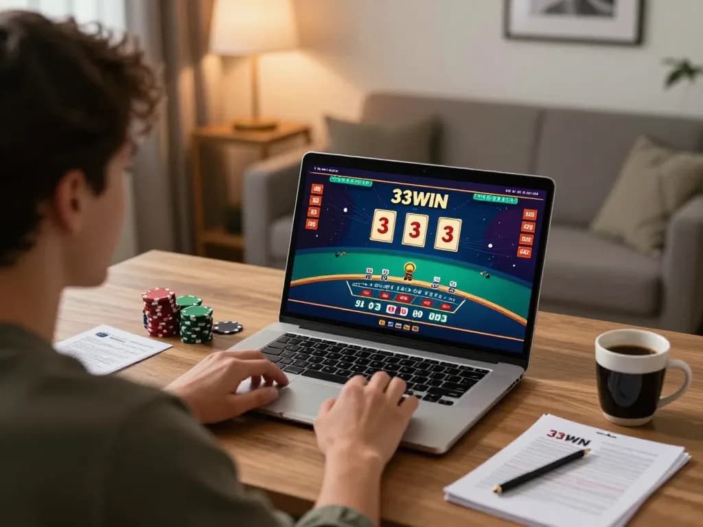 Experience high-stakes blackjack action online with 33WIN in a cozy home gaming setup.