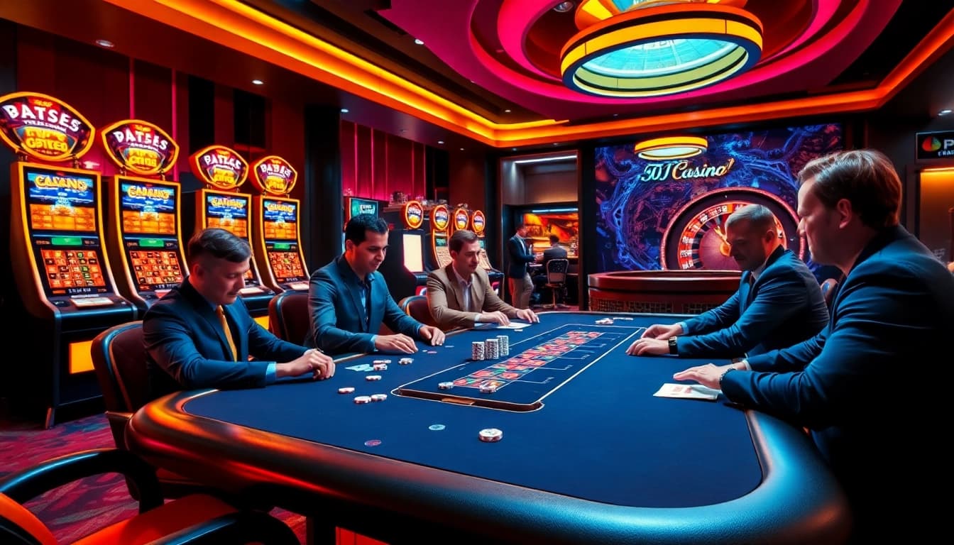 Exciting scene of a KJC online casino showcasing poker games and vibrant slot machines.
