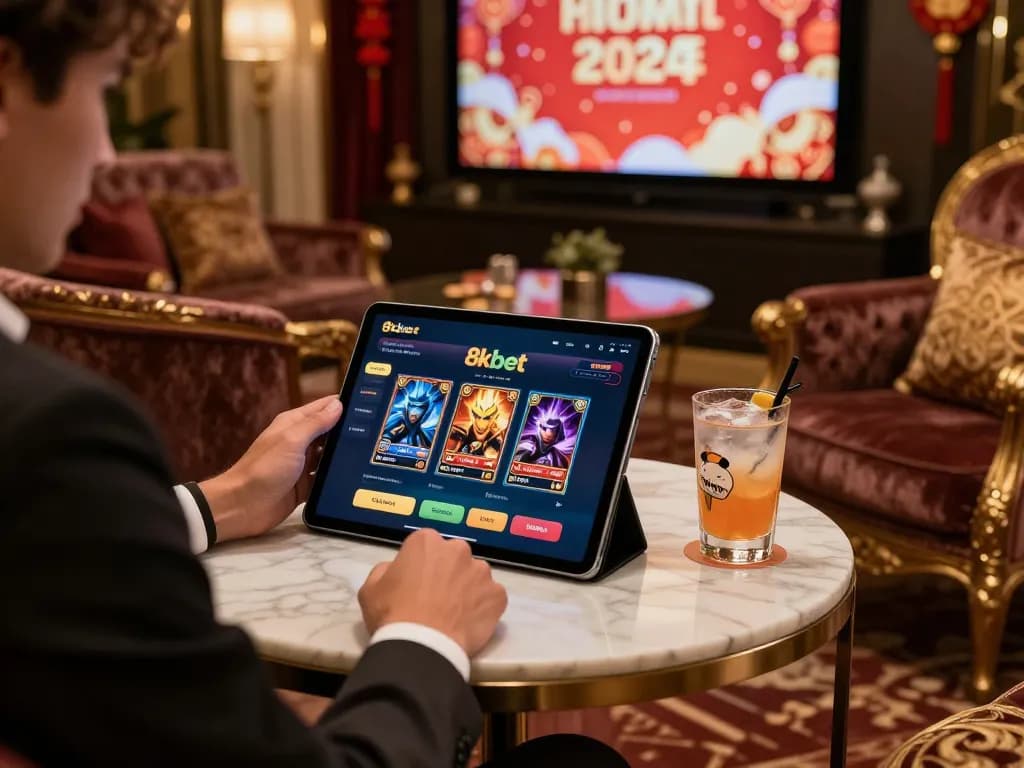 8kbet gaming experience in a luxury lounge setting with festive Tet holiday atmosphere