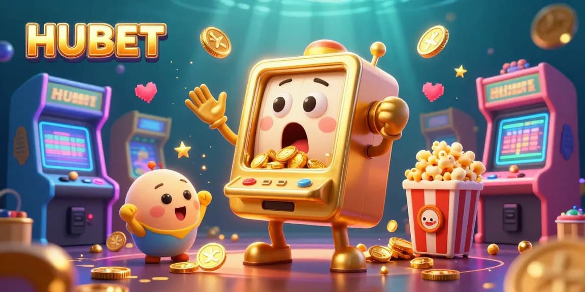 HUBET slot machine celebrating a jackpot with coins pouring out, surrounded by colorful arcade games.