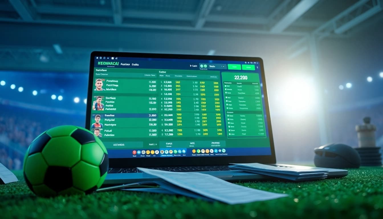 Live betting odds on keonhacai displayed on a modern digital platform with a football and betting slips.