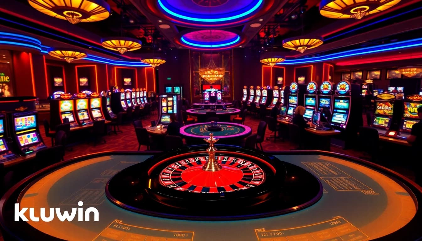 Kuwin casino excitement at vibrant gaming tables with roulette and slot machines.