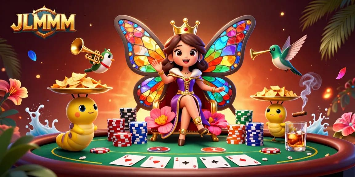 Experience JLMMM excitement with a vibrant butterfly queen surrounded by poker elements and chips.