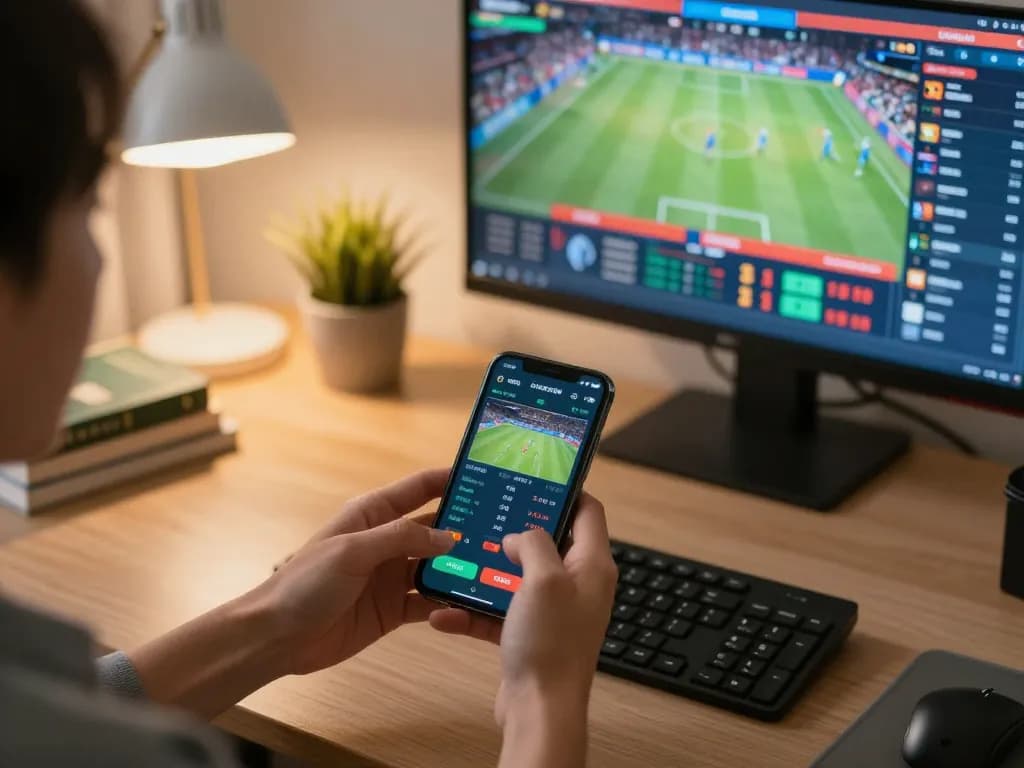Engaging user placing sports bets on bk33 app in a modern home office setting.