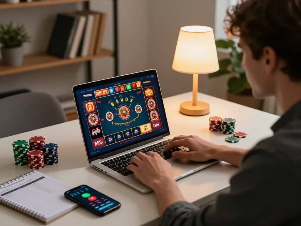 Engaged user playing llwin online casino games on a laptop at home with focus on gaming interface and cozy atmosphere.