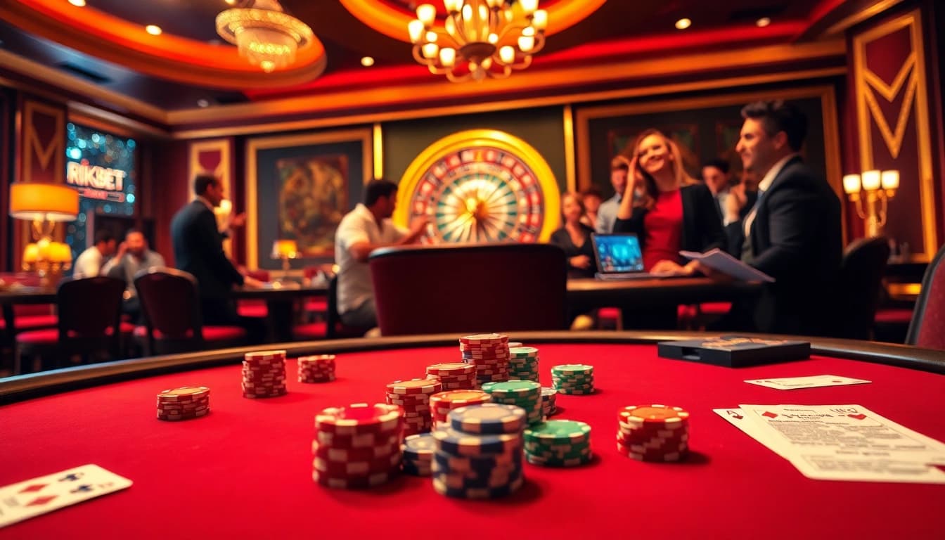 rikbet gaming scene with poker table, colorful chips, and a roulette wheel in a vibrant casino atmosphere