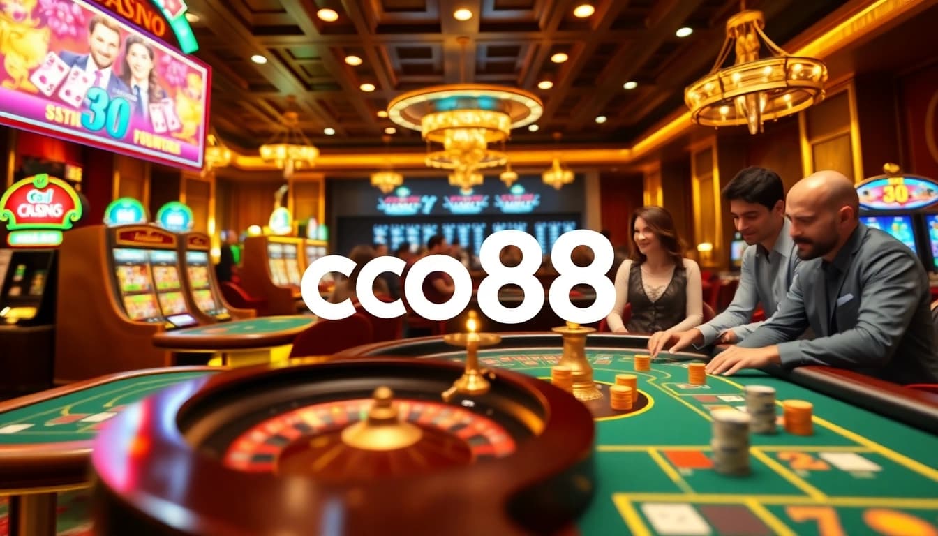 Engaging online gambling scene showcasing co88 with players at roulette and poker tables, vibrant slots background.