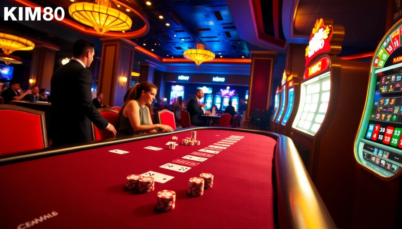 KIM88 gaming platform's dynamic casino atmosphere with players engaged in poker and roulette.