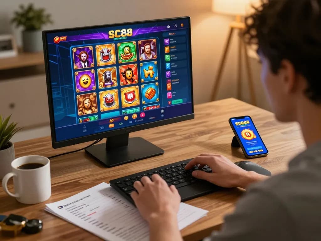 Player using SC88 app on smartphone for engaging online casino gaming session in cozy home setup.