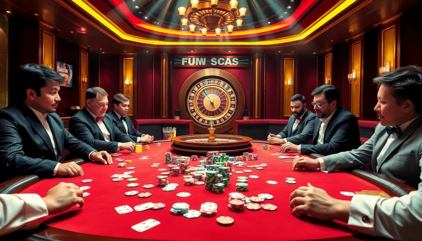 Experience high-stakes gaming at fun88.social with vibrant poker tables and roulette wheels.
