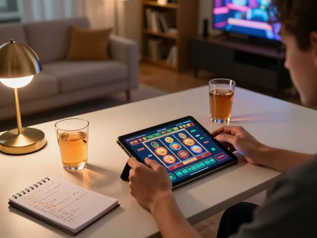 Engaging with online games at https://92slot.net/ on a tablet, showcasing colorful casino interface and strategic notes.