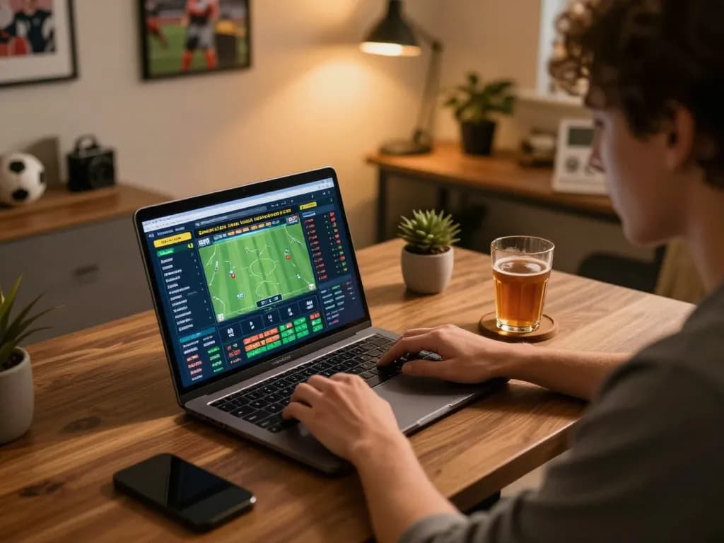 s666 engages in live sports betting with laptop displaying odds in a cozy home office