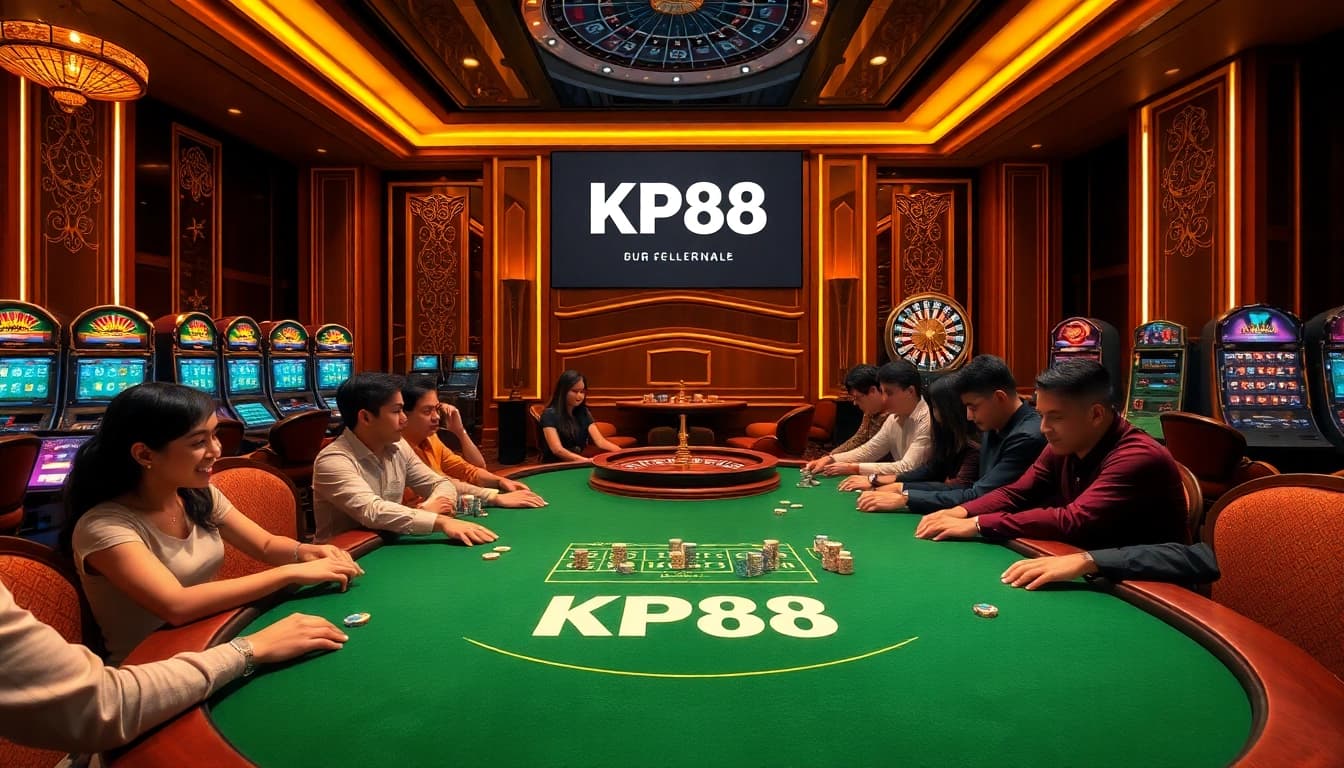 Players enjoy a thrilling game at KP88 casino, showcasing excitement and luxury.