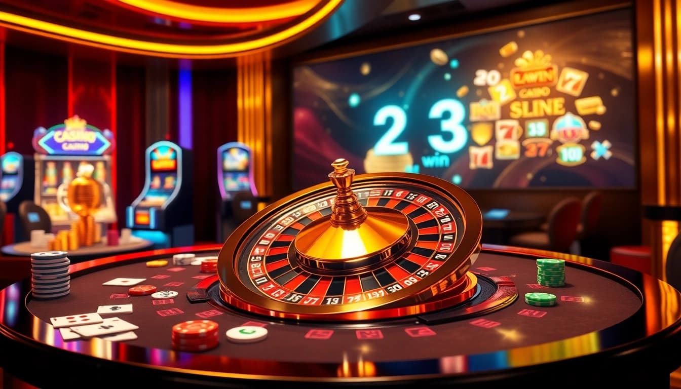 Experience thrilling gameplay with 23win's dynamic casino interface featuring vibrant roulette wheels and poker chips.