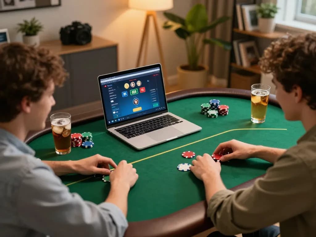 Engaging with dash88 online poker game on a cozy home setup, showcasing chips and casual ambiance.