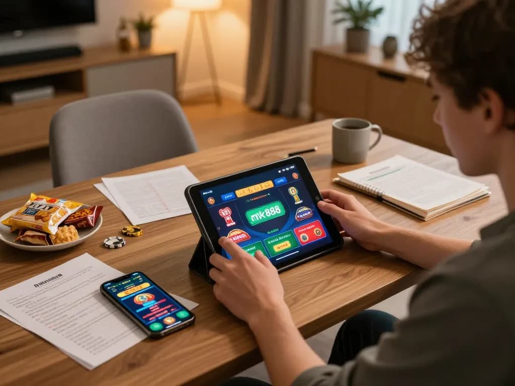 Engaging scene of playing nk88 online casino game on a tablet at home.